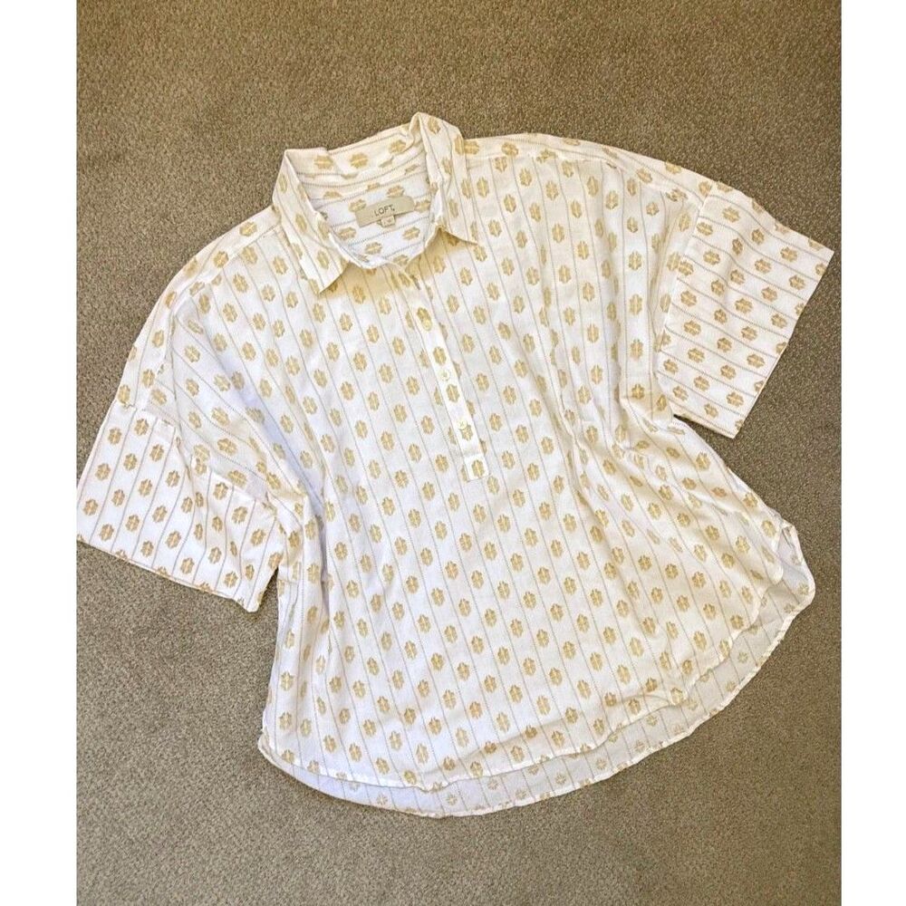 LOFT Clip Everyday Henley Dolman Shirt White Multi Size L NWOT